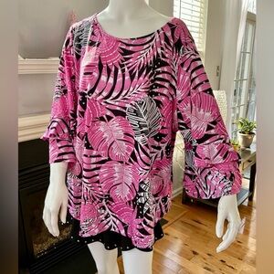 Ruby Rd. Pink Black Woman 2X Tropical Palm Leaf Print Tunic Flare Boho Sleeve